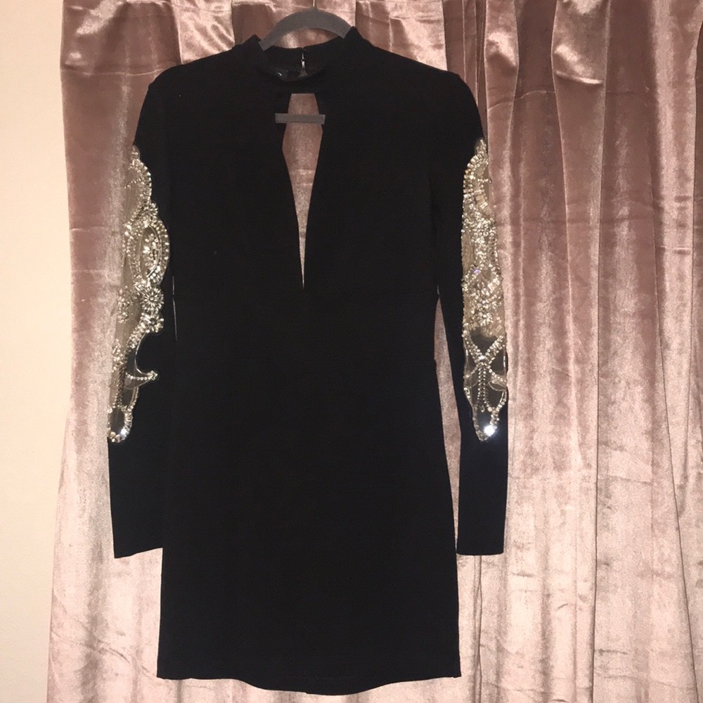 Bebe encrusted long sleeve bodycon dress